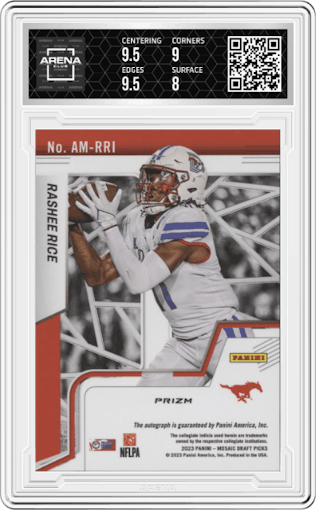 Rashee Rice  from the 2023 Panini Mosaic Draft Picks set graded by Arena Club and given an overall grade of 8.5.