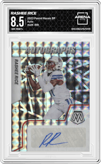 Rashee Rice  from the 2023 Panini Mosaic Draft Picks set graded by Arena Club and given an overall grade of 8.5.