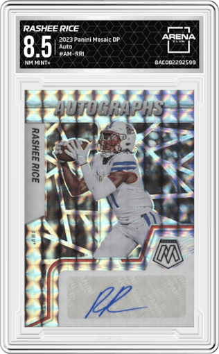 Rashee Rice  from the 2023 Panini Mosaic Draft Picks set graded by Arena Club and given an overall grade of 8.5.