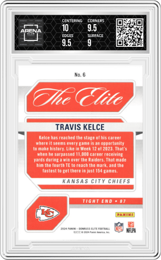 Travis Kelce from the 2024 Panini Donruss Elite set featuring a Pink parallel graded by Arena Club and given an overall grade of 9.5.