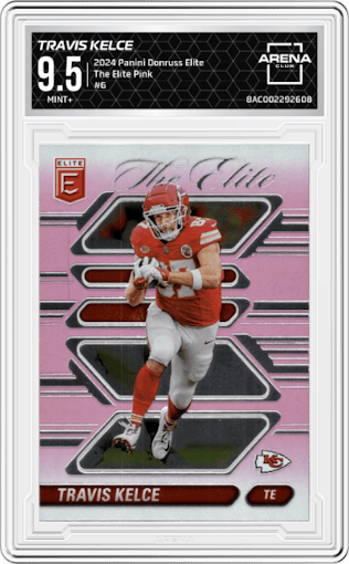 Travis Kelce from the 2024 Panini Donruss Elite set featuring a Pink parallel graded by Arena Club and given an overall grade of 9.5.