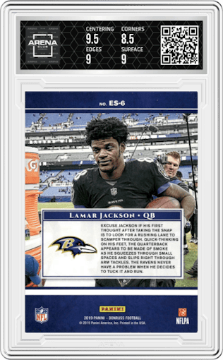 Lamar Jackson from the 2019 Panini Donruss set graded by Arena Club and given an overall grade of 9.