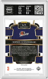 Sophie Cunningham from the 2024 Panini Select WNBA set featuring a Pink Ice Prizm parallel graded by Arena Club and given an overall grade of 9.