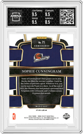Sophie Cunningham from the 2024 Panini Select WNBA set featuring a Pink Ice Prizm parallel graded by Arena Club and given an overall grade of 9.