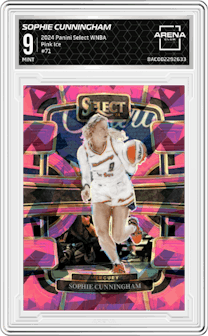 Sophie Cunningham from the 2024 Panini Select WNBA set featuring a Pink Ice Prizm parallel graded by Arena Club and given an overall grade of 9.