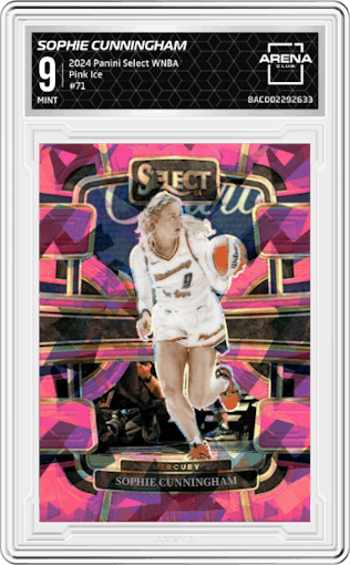 Sophie Cunningham from the 2024 Panini Select WNBA set featuring a Pink Ice Prizm parallel graded by Arena Club and given an overall grade of 9.