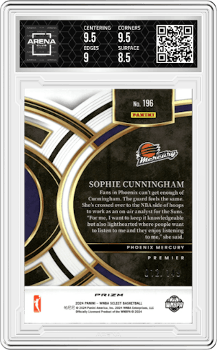 Sophie Cunningham from the 2024 Panini Select WNBA set featuring a Purple Ice parallel graded by Arena Club and given an overall grade of 9.