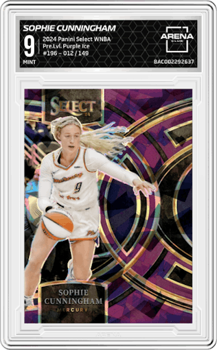 Sophie Cunningham from the 2024 Panini Select WNBA set featuring a Purple Ice parallel graded by Arena Club and given an overall grade of 9.