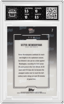 Victor Wembanyama from the 2024-25 Topps Now set graded by Arena Club and given an overall grade of 9.
