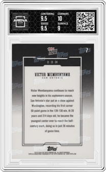 Victor Wembanyama from the 2024-25 Topps Now set graded by Arena Club and given an overall grade of 9.5.