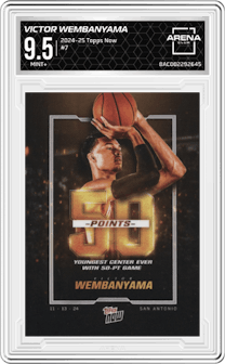 Victor Wembanyama from the 2024-25 Topps Now set graded by Arena Club and given an overall grade of 9.5.