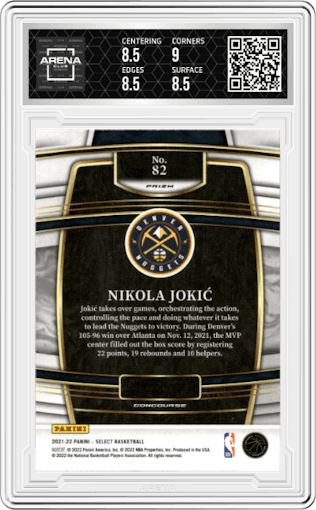 Nikola Jokic from the 2021-22 Panini Select set featuring a Green/White/Purple  Prizm parallel graded by Arena Club and given an overall grade of 8.5.