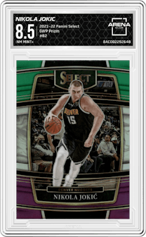 Nikola Jokic from the 2021-22 Panini Select set featuring a Green/White/Purple  Prizm parallel graded by Arena Club and given an overall grade of 8.5.
