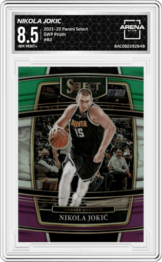 Nikola Jokic from the 2021-22 Panini Select set featuring a Green/White/Purple  Prizm parallel graded by Arena Club and given an overall grade of 8.5.