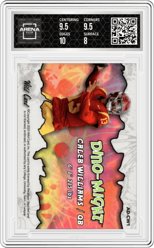 Caleb Williams from the 2023 Wild Card Alumination set featuring a Trex Silver Mojo parallel graded by Arena Club and given an overall grade of 8.5.