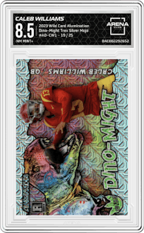 Caleb Williams from the 2023 Wild Card Alumination set featuring a Trex Silver Mojo parallel graded by Arena Club and given an overall grade of 8.5.