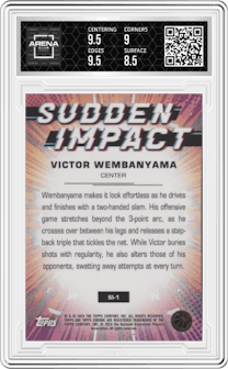 Victor Wembanyama from the 2023-24 Topps Chrome set featuring a Green Topps Refractor parallel graded by Arena Club and given an overall grade of 9.