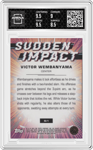 Victor Wembanyama from the 2023-24 Topps Chrome set featuring a Green Topps Refractor parallel graded by Arena Club and given an overall grade of 9.