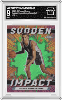 Victor Wembanyama from the 2023-24 Topps Chrome set featuring a Green Topps Refractor parallel graded by Arena Club and given an overall grade of 9.