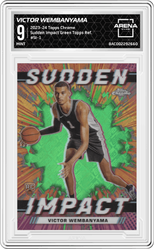 Victor Wembanyama from the 2023-24 Topps Chrome set featuring a Green Topps Refractor parallel graded by Arena Club and given an overall grade of 9.