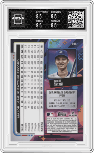 Shohei Ohtani from the 2024 Topps Cosmic Chrome set graded by Arena Club and given an overall grade of 9.