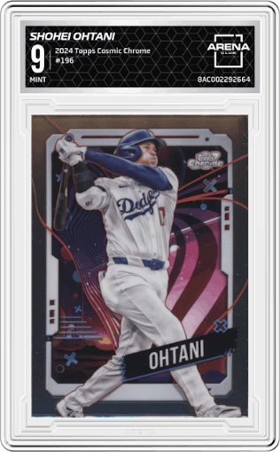 Shohei Ohtani from the 2024 Topps Cosmic Chrome set graded by Arena Club and given an overall grade of 9.