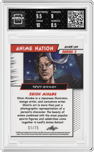 Troy Aikman from the 2024 Leaf Anime Nation set featuring a Blue parallel graded by Arena Club and given an overall grade of 9.