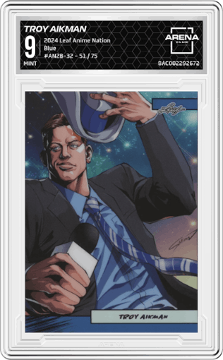 Troy Aikman from the 2024 Leaf Anime Nation set featuring a Blue parallel graded by Arena Club and given an overall grade of 9.