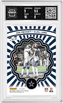 Dak Prescott/CeeDee Lamb from the 2023 Donruss Optic set graded by Arena Club and given an overall grade of 8.5.