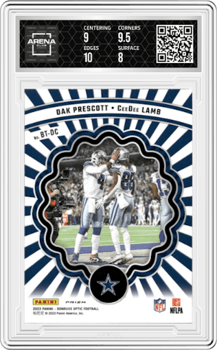 Dak Prescott/CeeDee Lamb from the 2023 Donruss Optic set graded by Arena Club and given an overall grade of 8.5.