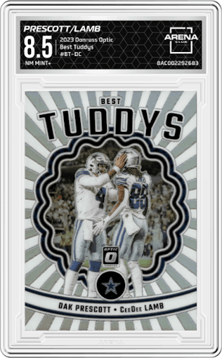 Dak Prescott/CeeDee Lamb from the 2023 Donruss Optic set graded by Arena Club and given an overall grade of 8.5.