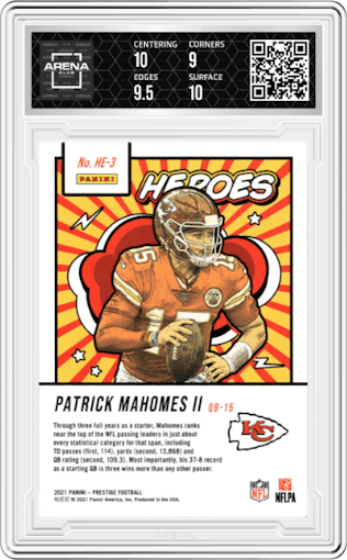 Patrick Mahomes II from the 2021 Panini Prestige set graded by Arena Club and given an overall grade of 9.5.