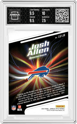 Josh Allen from the 2023 Donruss Optic set graded by Arena Club and given an overall grade of 8.