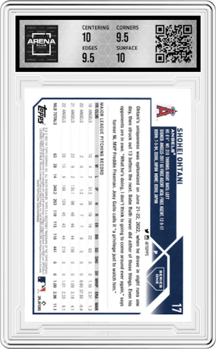 Shohei Ohtani from the 2023 Topps Series 1 set graded by Arena Club and given an overall grade of 10.