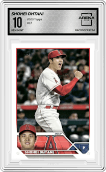 Shohei Ohtani from the 2023 Topps Series 1 set graded by Arena Club and given an overall grade of 10.
