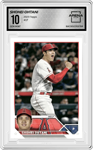 Shohei Ohtani from the 2023 Topps Series 1 set graded by Arena Club and given an overall grade of 10.