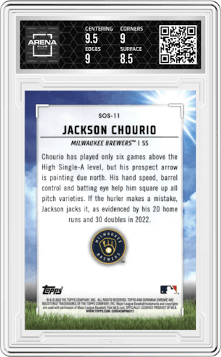 Jackson Chourio from the 2023 Bowman  set graded by Arena Club and given an overall grade of 9.