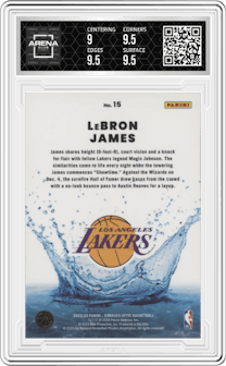 LeBron James from the 2022-23 Panini Donruss Optic  set graded by Arena Club and given an overall grade of 9.5.