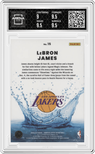 LeBron James from the 2022-23 Panini Donruss Optic  set graded by Arena Club and given an overall grade of 9.5.