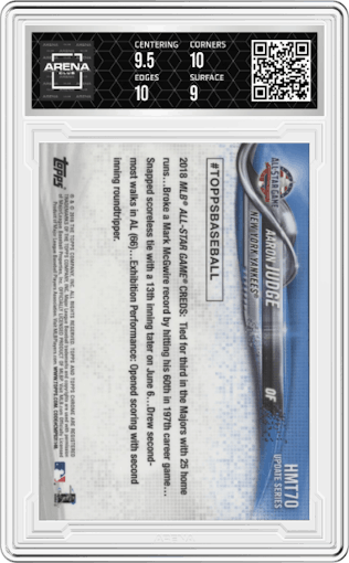 Aaron Judge  from the 2018 Topps Chrome Update  set graded by Arena Club and given an overall grade of 9.5.