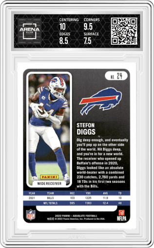 Stefon Diggs from the 2022 Panini Absolute set featuring a Retail parallel graded by Arena Club and given an overall grade of 8.