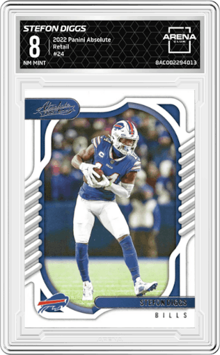 Stefon Diggs from the 2022 Panini Absolute set featuring a Retail parallel graded by Arena Club and given an overall grade of 8.