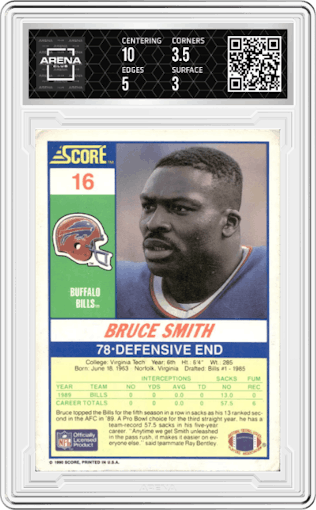 Bruce Smith from the 1990 Score set graded by Arena Club and given an overall grade of 3.5.