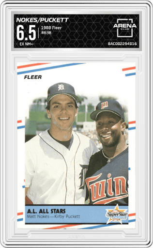 Matt Nokes/Kirby Puckett from the 1988 Fleer set graded by Arena Club and given an overall grade of 6.5.