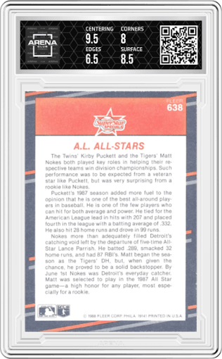 Matt Nokes/Kirby Puckett from the 1988 Fleer set graded by Arena Club and given an overall grade of 7.