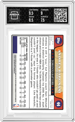 Andrea Bargnani from the 2008-09 Topps Chrome  set graded by Arena Club and given an overall grade of 8.