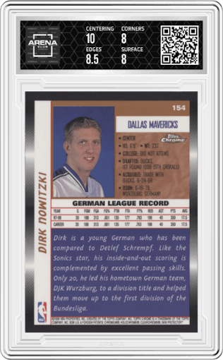 Dirk Nowitzki from the 1998-99 Topps Chrome set graded by Arena Club and given an overall grade of 8.5.