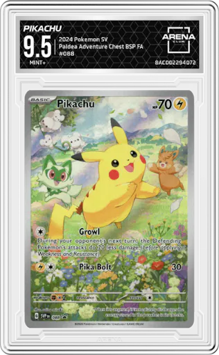 Pikachu from the 2024 Pokemon SV set featuring a Paldea Adventure Chest parallel graded by Arena Club and given an overall grade of 9.5.
