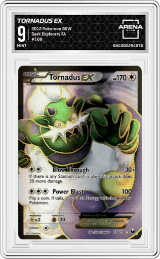 Tornadus EX from the 2012 Pokemon B&W set graded by Arena Club and given an overall grade of 9.