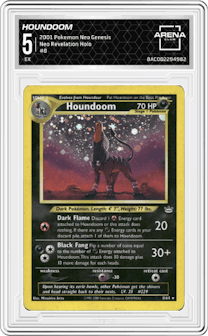 Houndoom from the 2001 Pokemon Neo Genesis set graded by Arena Club and given an overall grade of 5.